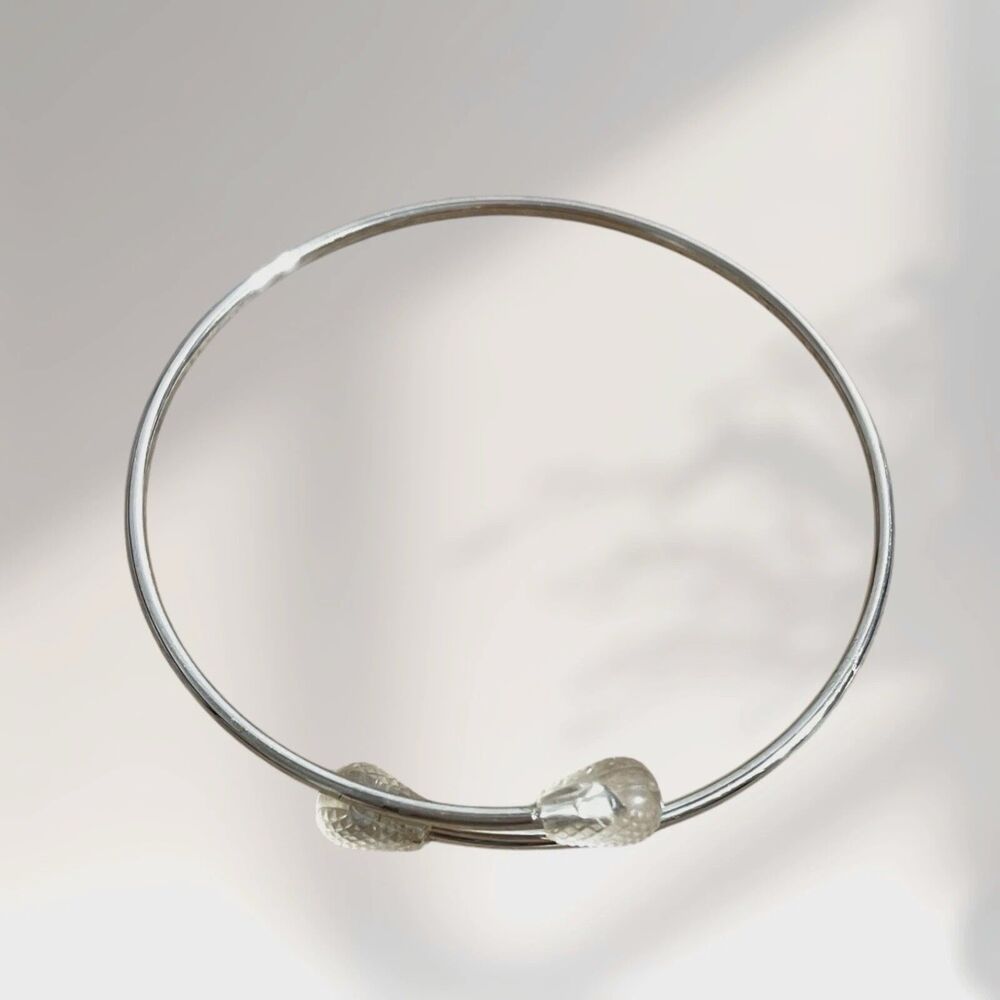 Vtg Bracelet Silver Tone Wire Bangle Clear Plastic Textured Bulb Tip Minimalist